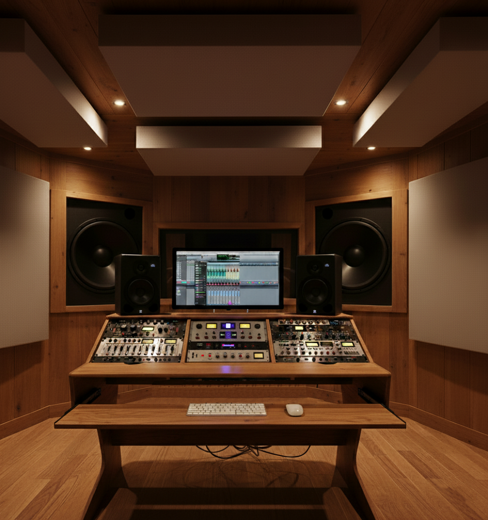 our 3 bay desk in a mastering sitiuation